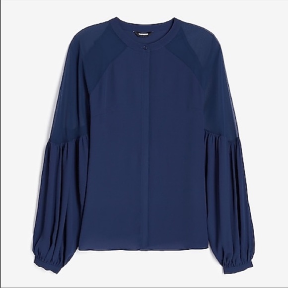 NWT Express Navy Blue Chiffon Sheer Pieced Blouse - Picture 3 of 7